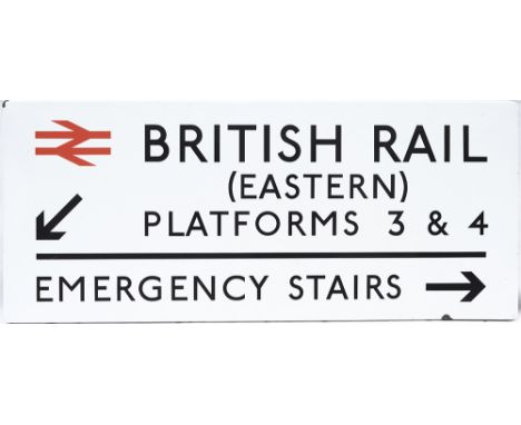 London Underground FF enamel sign BRITISH RAIL (EASTERN) PLATFORMS 3 &amp; 4 EMERGENCY STAIR with right facing arrow. In very