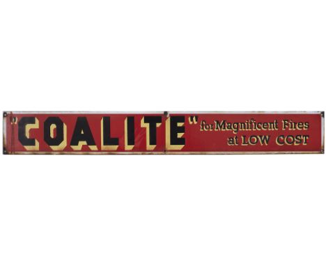 Advertising enamel sign COALITE FOR MAGNIFICENT FIRES AT LOW COST. In very good original condition, measures 24.5in x 3.25in.