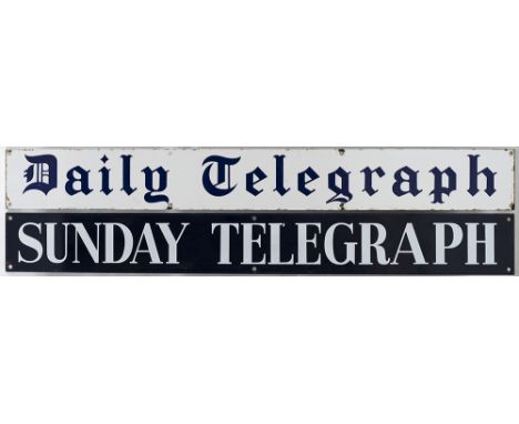 Advertising enamel signs x2; DAILY TELEGRAPH 30in x 3.5in, SUNDAY TELEGRAPH 30in x 3.5in. Both in very good condition with mi