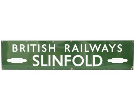 BR(S) enamel station entrance sign BRITISH RAILWAYS SLINFOLD with two totems either end. From the former LB&amp;SCR station b