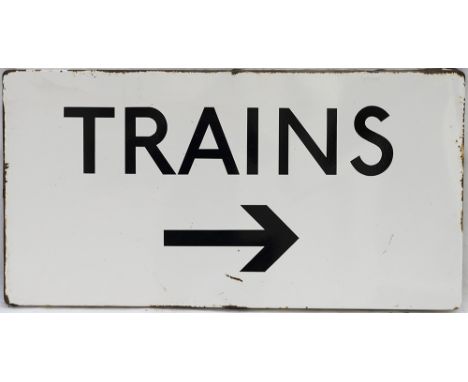 London Transport FF enamel sign TRAINS with right facing arrow. In very good condition with some edge chipping, measures 31in