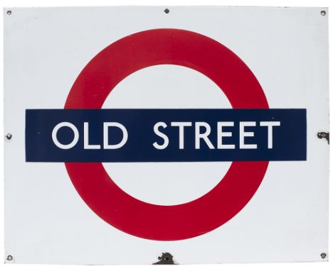 London Underground enamel target/bullseye station sign OLD STREET. In very good condition with chipping around the mounting h