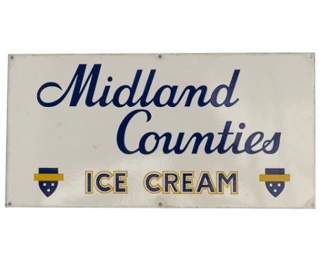 Enamel advertising sign MIDLAND COUNTIES ICE CREAM. In very good condition with minor chipping. Measures 24in x 12in. 