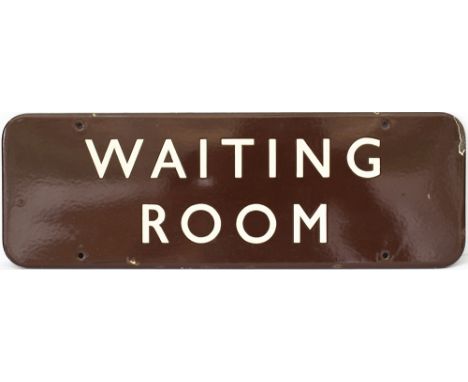 BR(W) FF enamel doorplate WAITING ROOM. In very good condition with minor edge chipping. Measures 18in x 6in. 