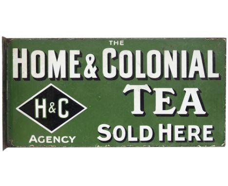 Advertising enamel sign THE HOME OF COLONIAL TEA SOLD HERE. Double sided with wall mounting flange, both sides in very good c