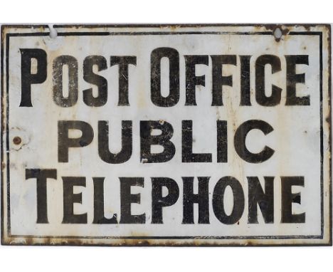 Post Office enamel POST OFFICE PUBLIC TELEPHONE. Double sided, both sides in fair condition, measures 20.5in x 13.5in.