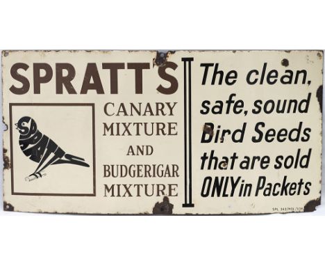 Advertising enamel sign SPRATT'S CANARY MIXTURE AND BUDGERIGAR MIXTURE THE CLEAN, SAFE, SOUND BIRD SEEDS THAT ARE SOLD ONLY I