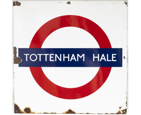 London Underground enamel Target/Bullseye station sign TOTENHAM HALE. In good condition with some face chipping, measures 24i