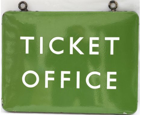BR(S) FF enamel station sign TICKET OFFICE. Double sided complete with original hanging hooks, both sides in very good condit