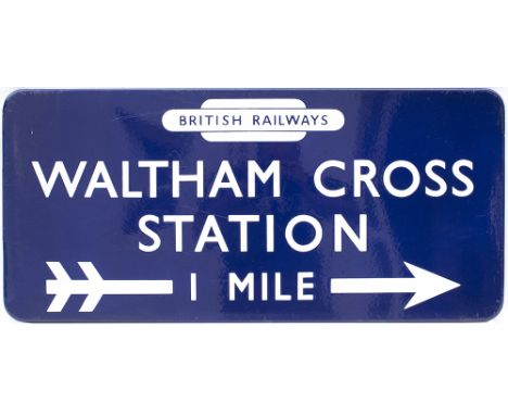 BR(E) FF enamel station direction sign WALTHAM CROSS STATION 1 MILE with right facing arrow. From the former Great Eastern Ra