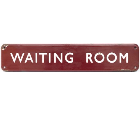BR(M) FF enamel doorplate WAITING ROOM. In very good condition with some corner chips. Measures 18in x 3.5in. Not common as a