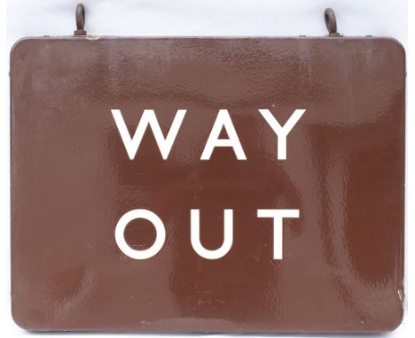 BR(W) FF enamel station sign WAY OUT. Double sided complete with original hanging hooks, both sides in very good condition wi