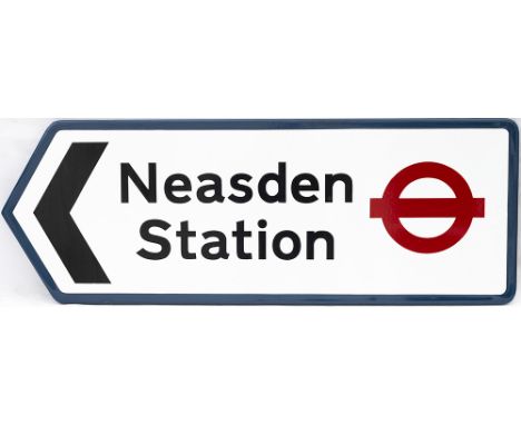 LT FF enamel direction sign NEASDEN STATION with left facing arrow. In very good condition with one small edge chip repair, m