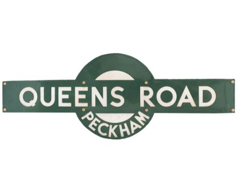 Southern Railway enamel target station sign QUEENS ROAD PECKHAM from the former London Brighton &amp; South Coast Railway sta