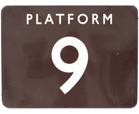 BR(W) FF enamel station sign PLATFORM 9. In good condition with a few face chips and some minor edge chipping, measures 24in 