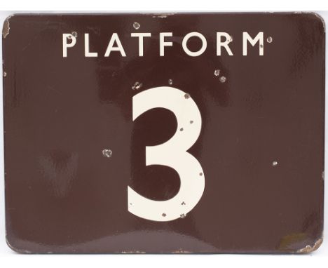 BR(W) FF enamel railway sign PLATFORM 3. In good condition with some face chipping, measures 24in x 18in. Possibly ex Taunton