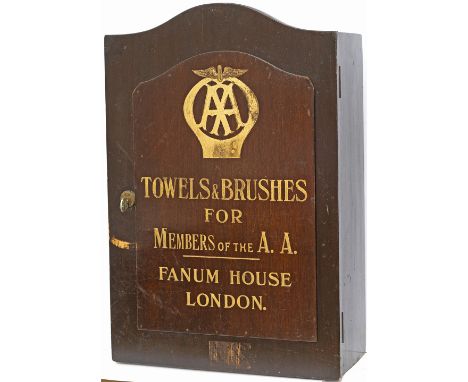 Automobile Association mahogany cabinet with engraved gilded panel AA TOWELS &amp; BRUSHES FOR MEMBERS OF THE AA FANUM HOUSE 
