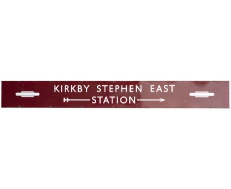 BR(M) enamel station direction sign KIRKBY STEPHEN EAST with two totems and right facing arrow. From the former North Eastern