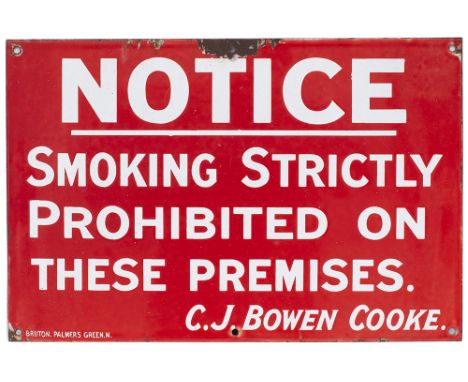 London &amp; North Western Railway untitled enamel sign. SMOKING STRICTLY PROHIBITED ON THESE PREMISES. C.J.BOWEN COOKE with 