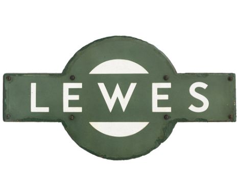 Southern Railway enamel target station sign LEWES from the former London Brighton and South Coast Railway station between Bri