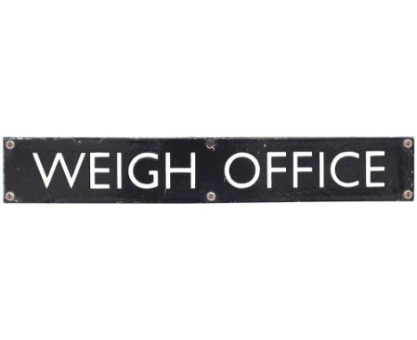 LNER enamel doorplate WEIGH OFFICE. In very good condition with minor edge restoration, mounted on board, measures 19in x 3in
