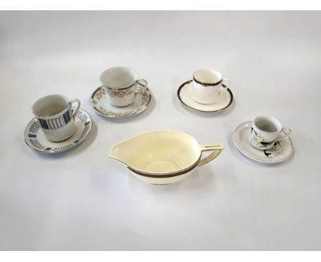 Wedgwood cream and gilt banded part dinner set, Myotts 'Corinth' pattern coffee service, Royal Doulton 'Musicale' pattern cup
