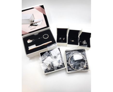 A collection of Pandora including a Pandora silver charm 4.1gms, a pair of floral style stud earrings set with six paste ston