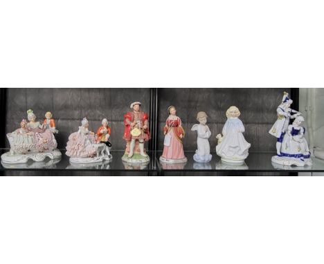 A pair of Alfretto bisque porcelain figures of Henry VIII and Anne Boleyn 23cm and 21.5cm high, porcelain figures including R