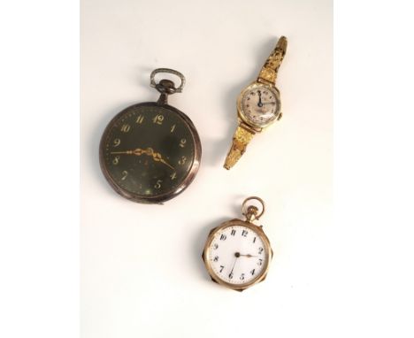 A rolled gold ladies 1920/30's watch and two fobwatches. One silver the other gold plated.