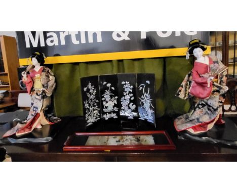 A pair of Japanese Geisha figures (48cm), a Japanese folding screen with Mother of Pearl inlay (30 x 42cm) and a Chokinware p
