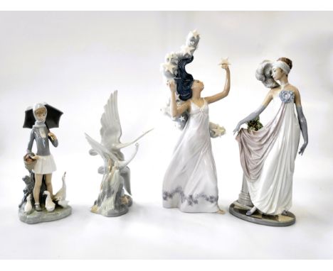 Lladro 'Inspiration' 1998 Collection figure 40.5cm, 5283 maiden 33cm, young girl with goslings and umbrella 24cm, and Nao pai