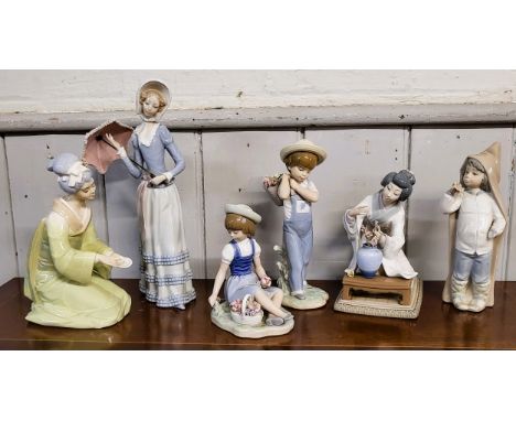 Five Lladro figures including young lady with parasol 32.5cm, seated girl with basket of flowers 16cm, three others, and a Po