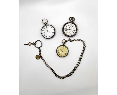 Three fob watches including a silver (0.935) centre seconds chronograph lever pocket watch, gilt frosted movement with compen