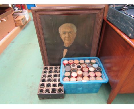 A collection of two and four minute phonograph cylinders and an oleograph depicting Thomas Edison