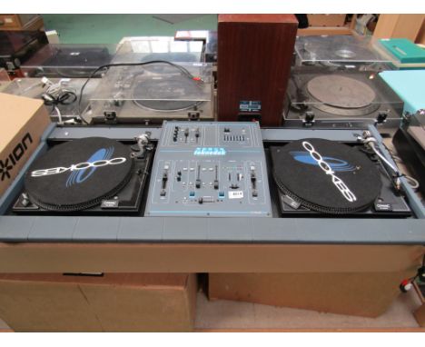 A DJ console comprising pair of Citronic CL 300D turntables and Citronic Teknodek mixer
