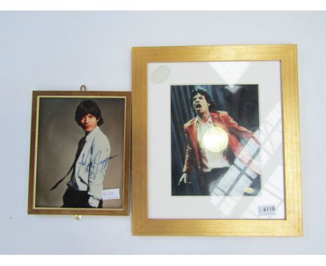 THE ROLLING STONES: Two framed and glazed pictures of Mick Jagger, both bearing signatures, certificates of authenticity from