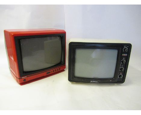 A 1980's Philips television in red casing and a cream Hitachi example (2)