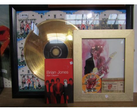 THE ROLLING STONES: A framed limited edition 'Rolled Gold' gold coated disc, framed picture of Keith Richards, 1976 Earls Cou