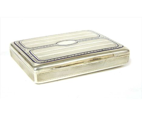 A sterling silver enamel desk box, with engine turned decoration to the sides and cover, with scrolling hand engraved and roy