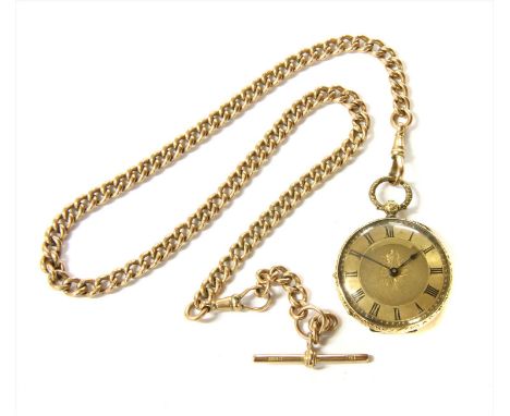 A gold key wound open-faced pocket watch, 37mm diameter with a gold engine turned dial, with central floral bouquet decoratio