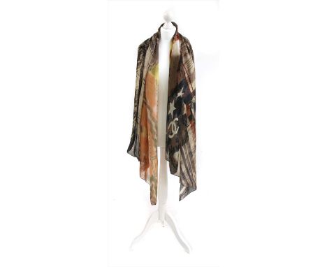 A Chanel silk long scarf, multicoloured ground, 194cm long, 88cm wide