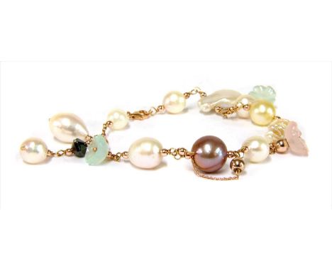 A rose gold cultured pearl and quartz bracelet, with wire set round, drop shaped and baroque cultured pearls, and carved rose