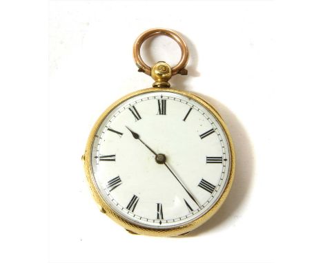 A gold key wound open-faced fob watch, 34mm diameter with a white enamel dial, black Roman numerals and blued hands. Engine t