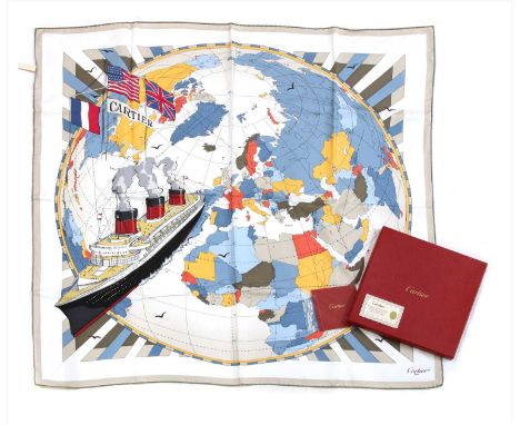 A Cartier 'Steamship world map' scarf, cream ground with grey border, with card case, in original box