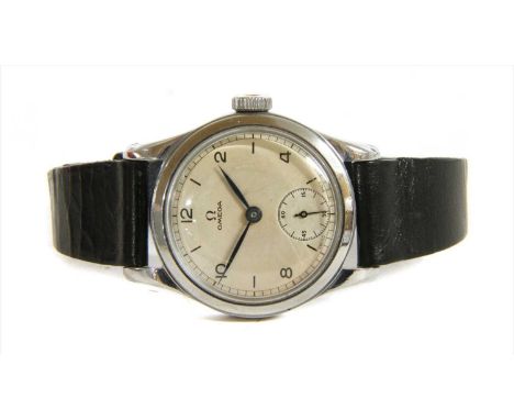A mid-size stainless steel Omega mechanical strap watch, c.1940, ref.2165, circular case, 31mm diameter with a silvered dial,