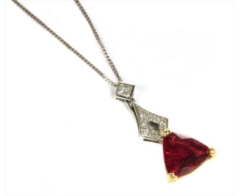 An 18ct yellow and white gold rubellite tourmaline and diamond pendant, a princess cut diamond, rub set to an offset collet a