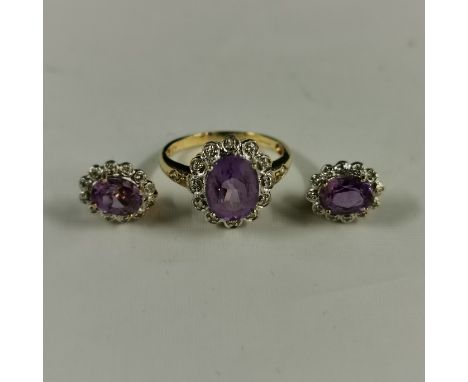 9CT GOLD AMETHYST &amp; DIAMOND RING WITH MATCHING EARRINGS