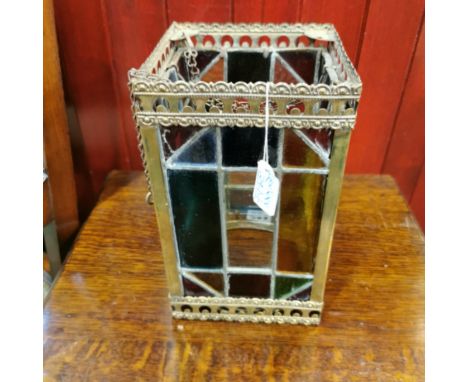 BRASS &amp; LEAD COLOURED GLASS LANTERN