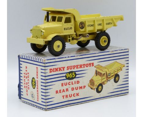 Dinky Supertoys diecast model Euclid Rear Dump Truck with yellow body and hubs, 965, in original box.