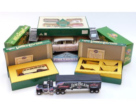 Seven Corgi, MRC, Matchbox and Lledo diecast model vehicles and vehicle sets including Elvis Pink Cadillac, Tramlines etc, so